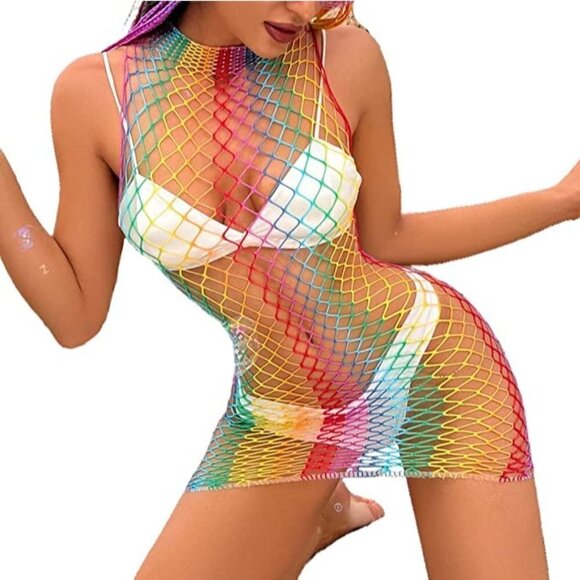 𝅺🌈 Rainbow Fishnet Stockings Mesh Lingerie Bodysuit Party Rave Boho Cosplay NWT - Picture 5 of 5